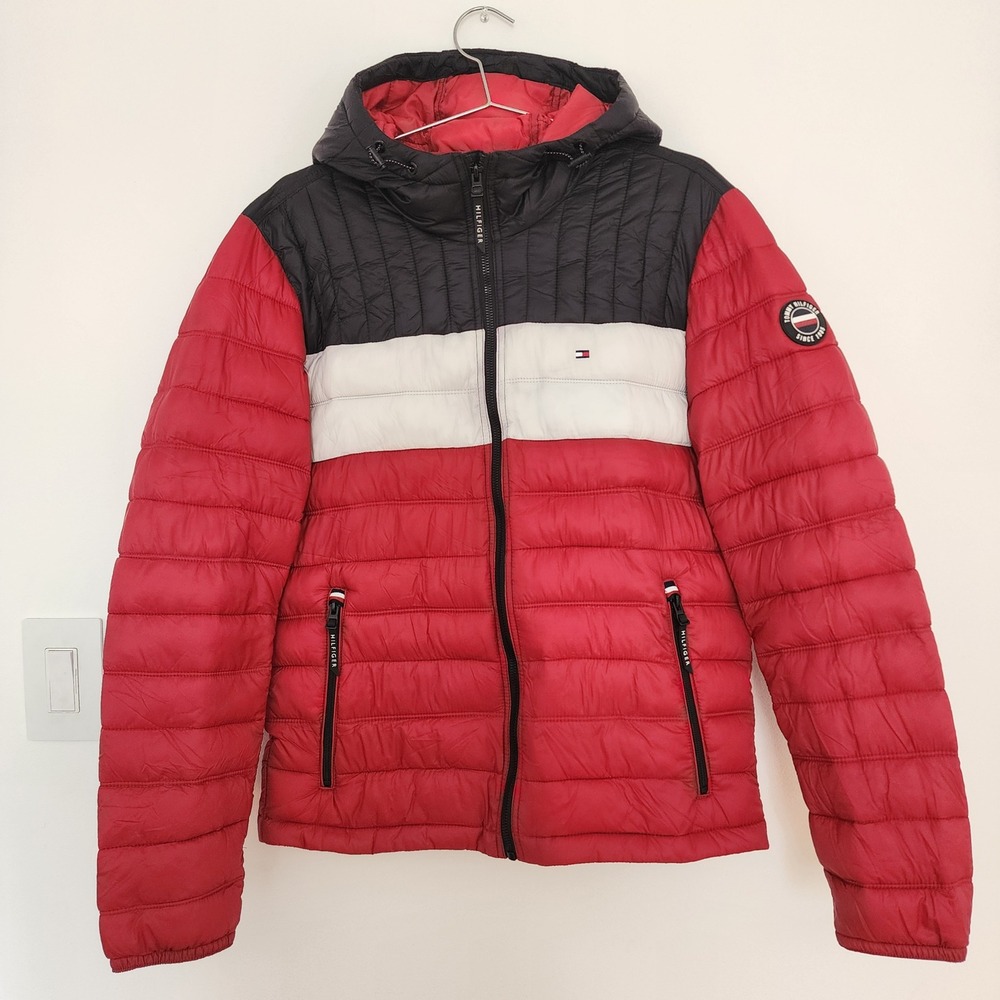Tommy Hilfiger Puffer Jacket Men Small Red Colorblock Hooded lightweight Coat